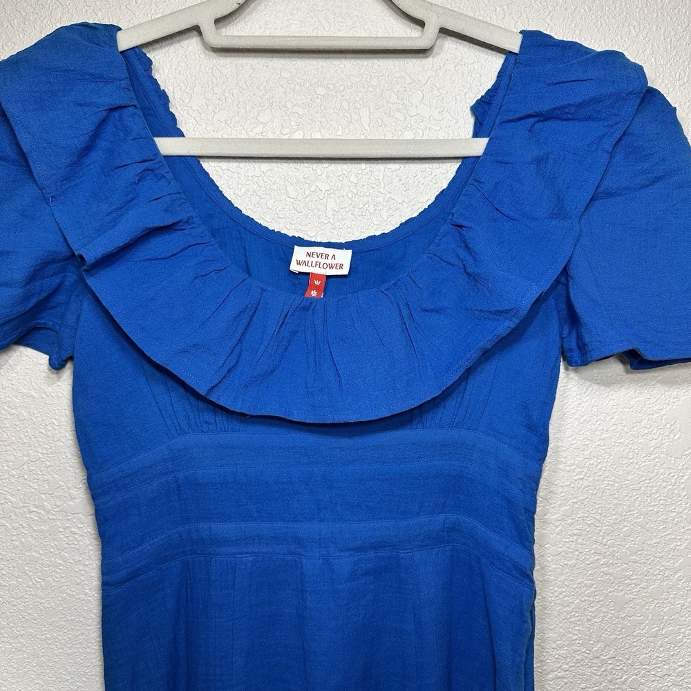 Never A Wallflower Blue Ruffle Maxi Dress XS Boho Puff Sleeve Pockets